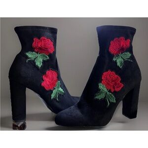 Steve Madden Black Heeled Boots with Red Floral Embroidery